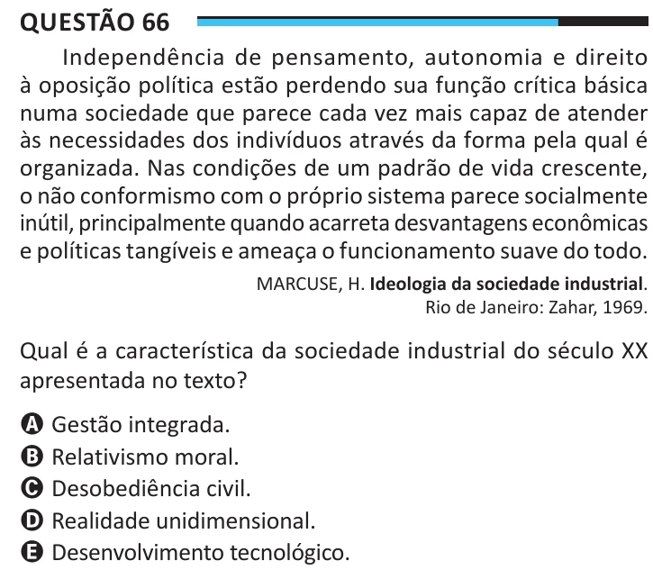 Questão 66 do ENEM 2025, aplicação regular, como saiu no caderno de prova