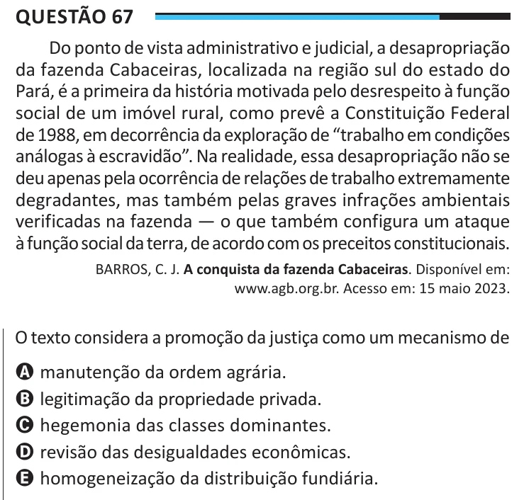 Questão 67 do ENEM 2025, aplicação regular, como saiu no caderno de prova