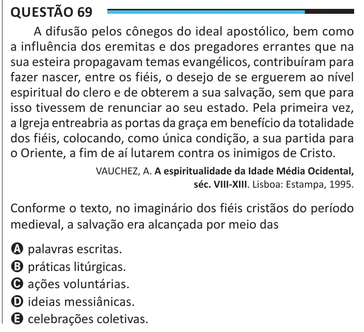 Questão 69 do ENEM 2025, aplicação regular, como saiu no caderno de prova