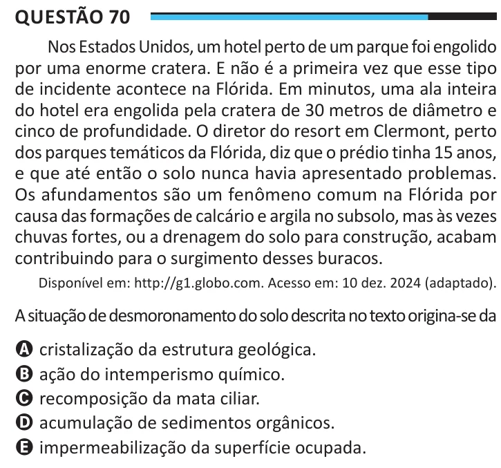 Questão 70 do ENEM 2025, aplicação regular, como saiu no caderno de prova