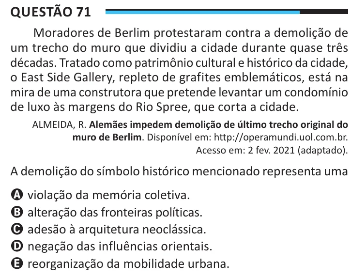 Questão 71 do ENEM 2025, aplicação regular, como saiu no caderno de prova