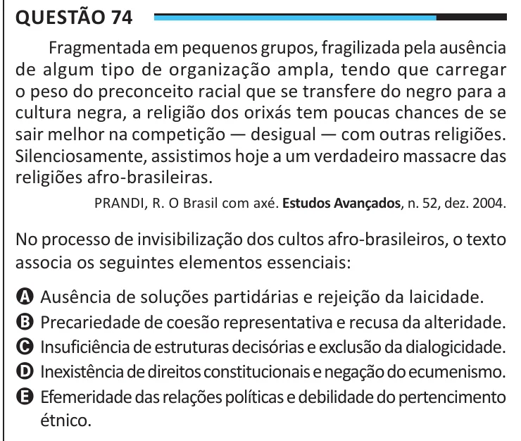 Questão 74 do ENEM 2025, aplicação regular, como saiu no caderno de prova