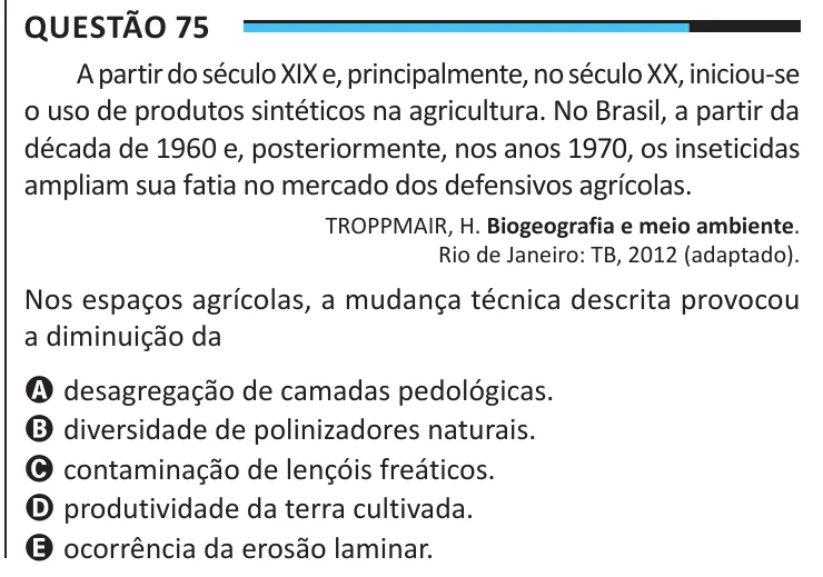 Questão 75 do ENEM 2025, aplicação regular, como saiu no caderno de prova
