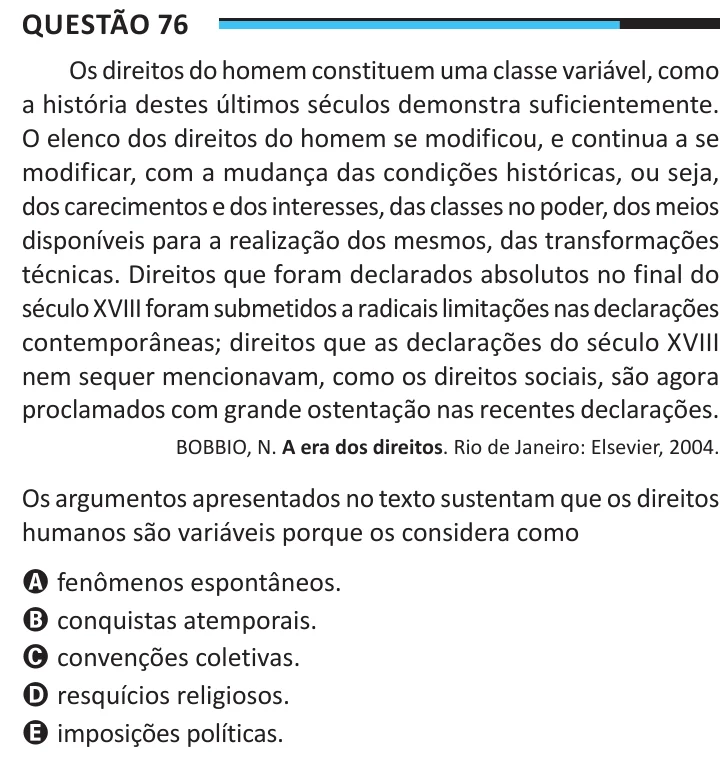 Questão 76 do ENEM 2025, aplicação regular, como saiu no caderno de prova