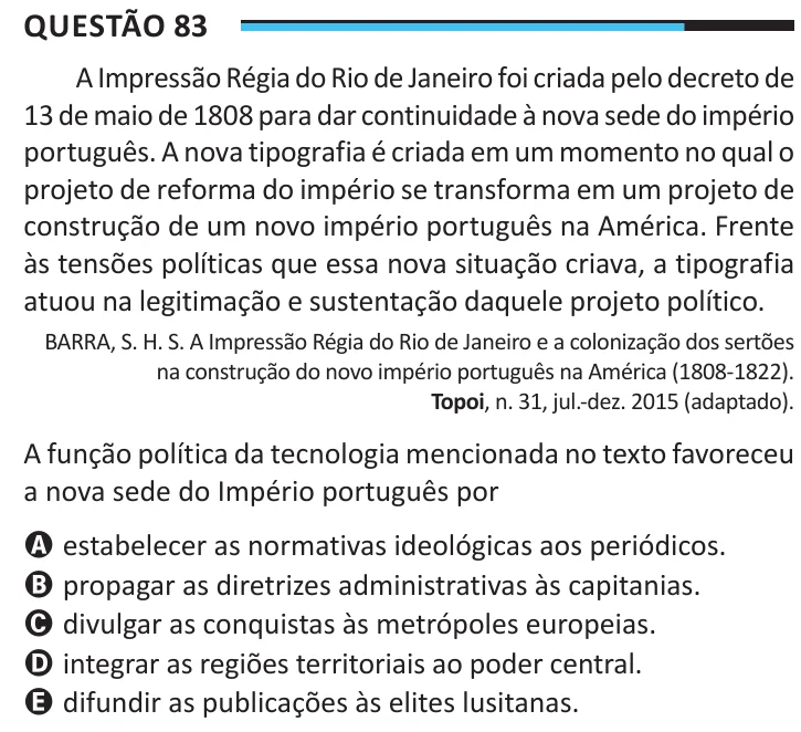 Questão 83 do ENEM 2025, aplicação regular, como saiu no caderno de prova