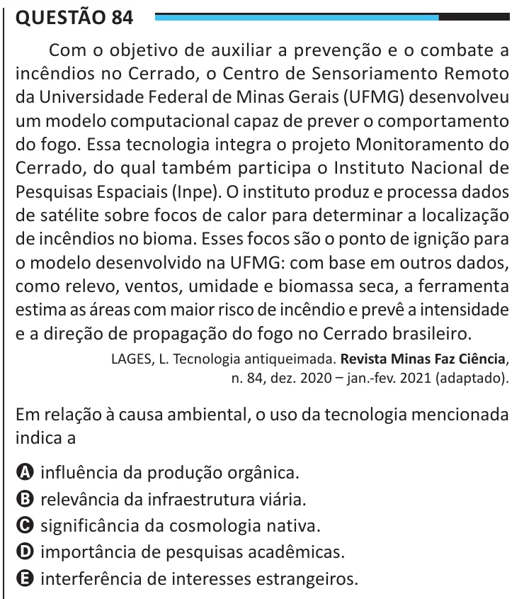 Questão 84 do ENEM 2025, aplicação regular, como saiu no caderno de prova