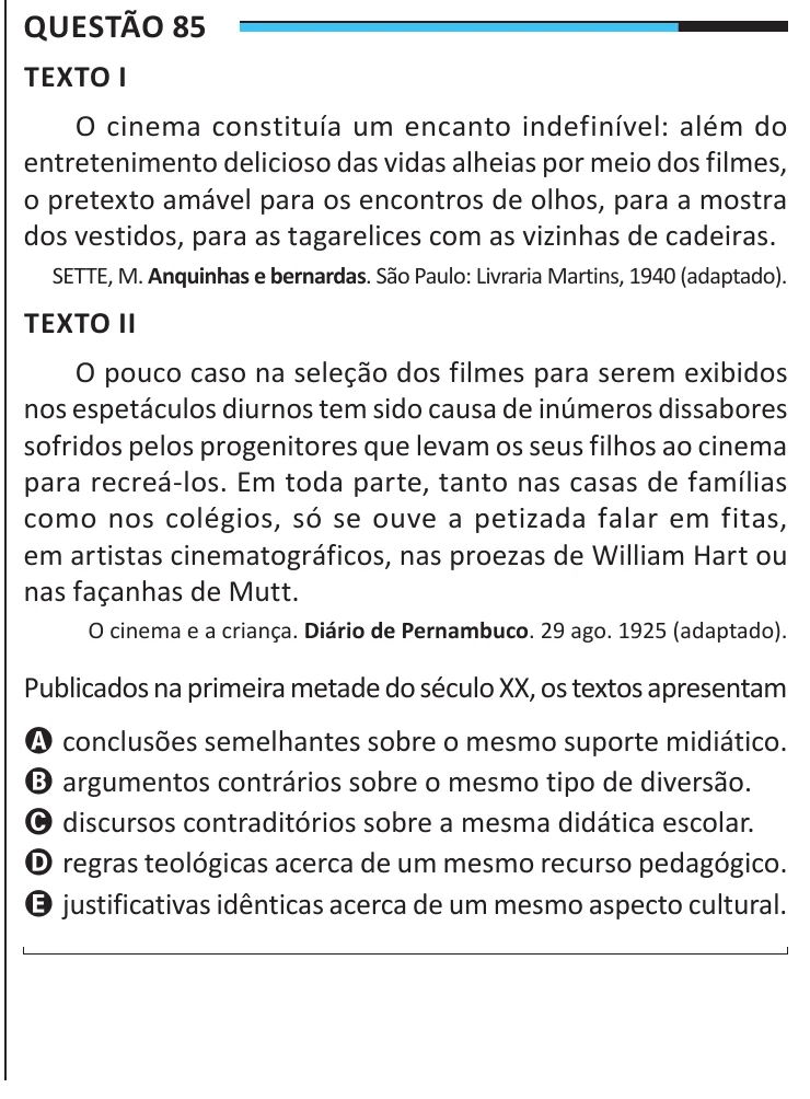 Questão 85 do ENEM 2025, aplicação regular, como saiu no caderno de prova