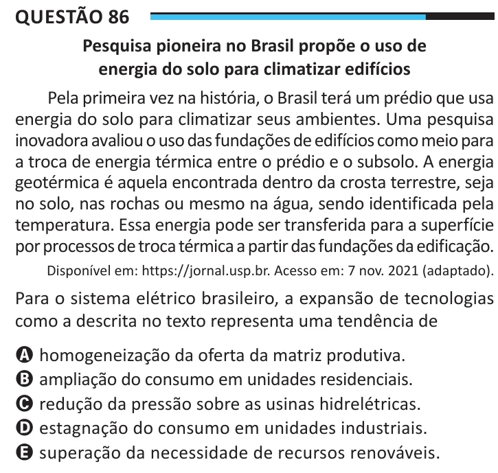 Questão 86 do ENEM 2025, aplicação regular, como saiu no caderno de prova