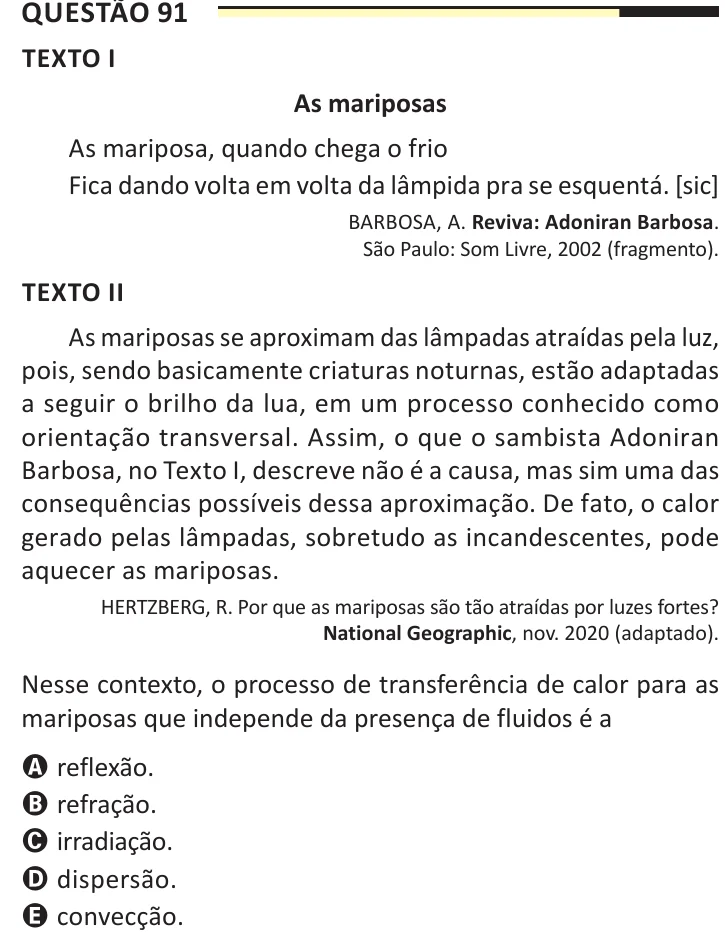 Questão 91 do ENEM 2025, aplicação regular, como saiu no caderno de prova