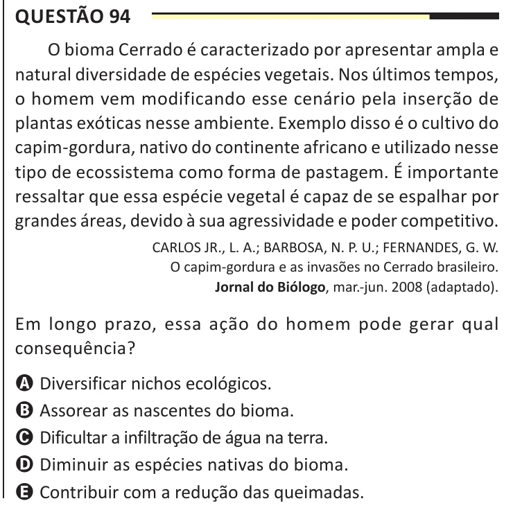 Questão 94 do ENEM 2025, aplicação regular, como saiu no caderno de prova