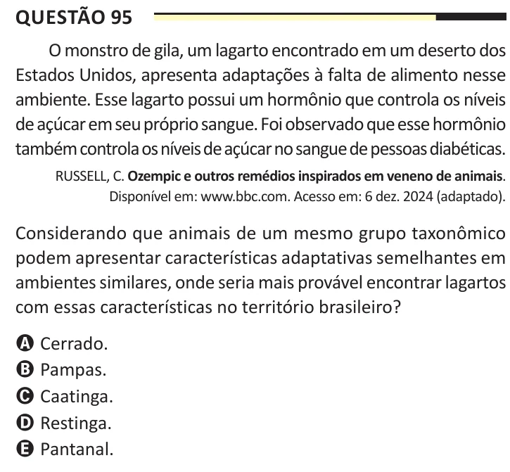 Questão 95 do ENEM 2025, aplicação regular, como saiu no caderno de prova