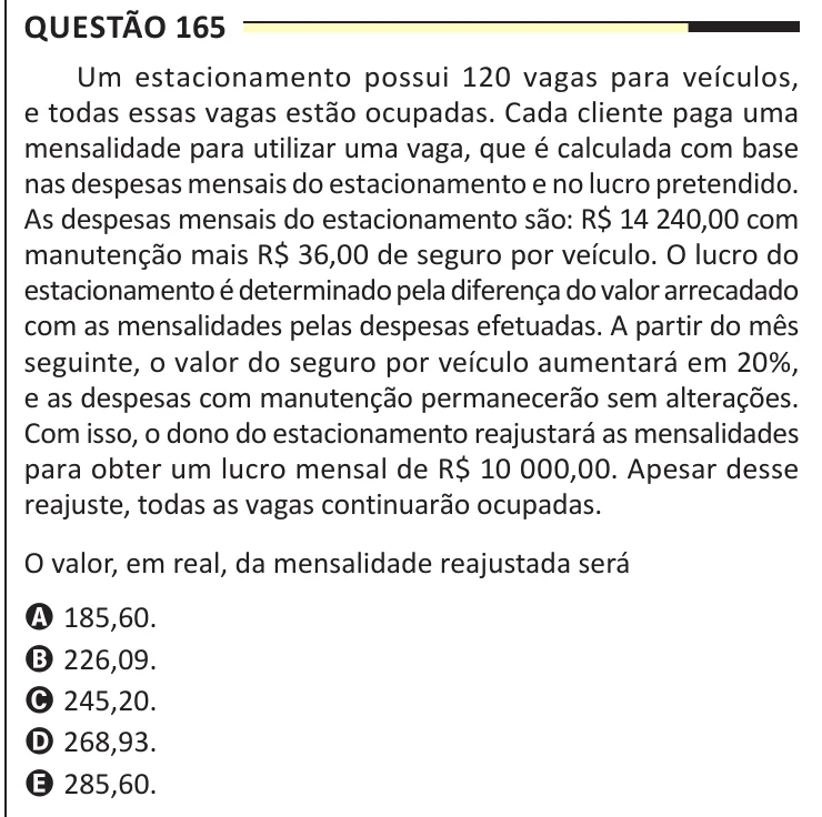 Questão 165 do ENEM 2025, aplicação regular, como saiu no caderno de prova