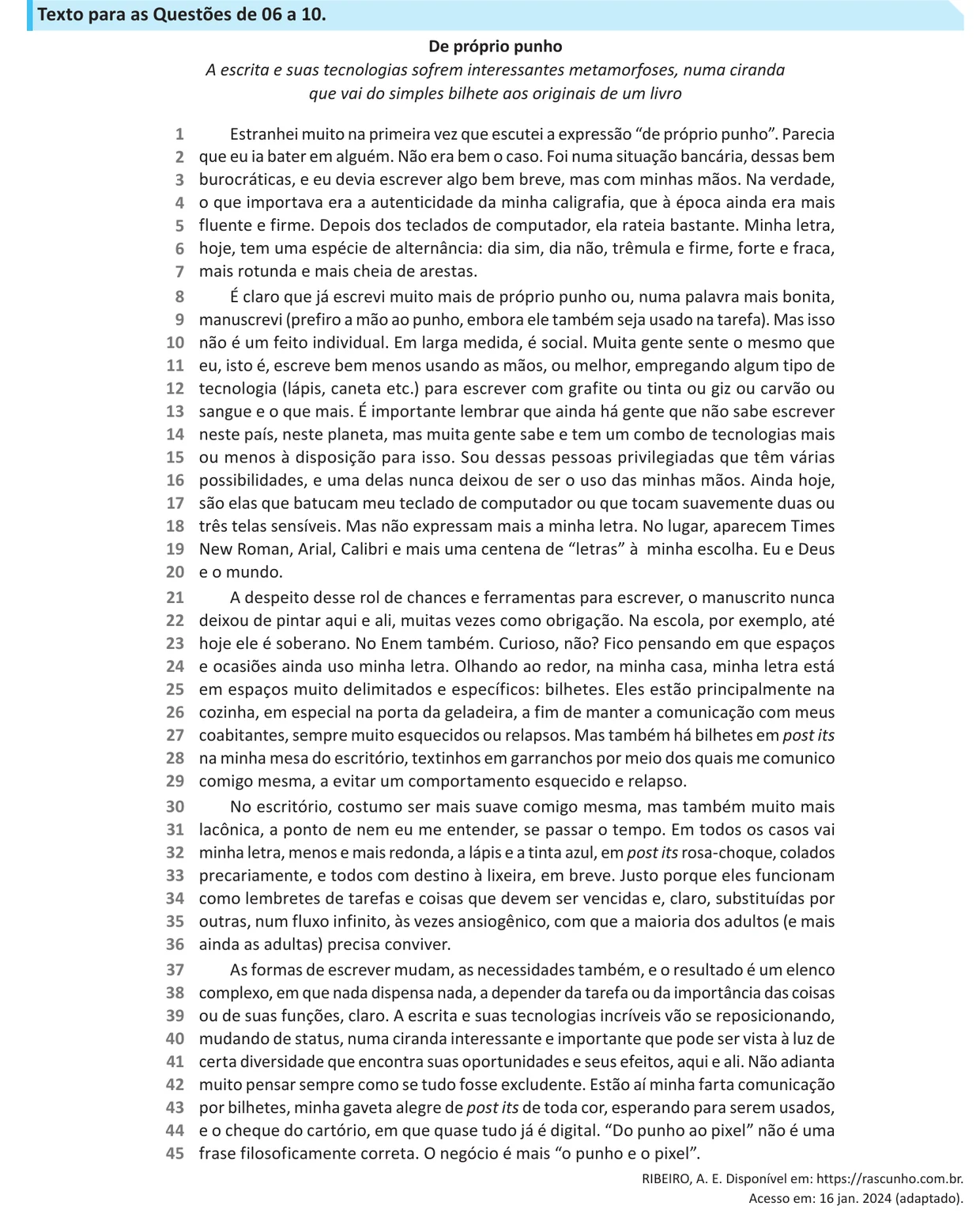 Texto de apoio das questões 6 a 10 do ENEM 2025