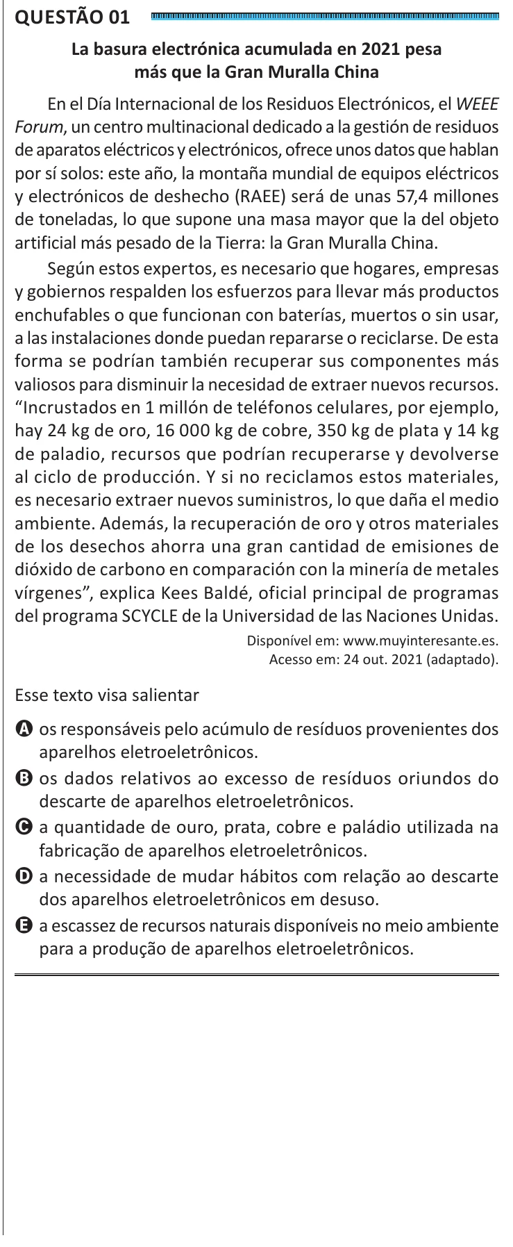 Questão 1 do ENEM 2025, segunda aplicação, como saiu no caderno de prova