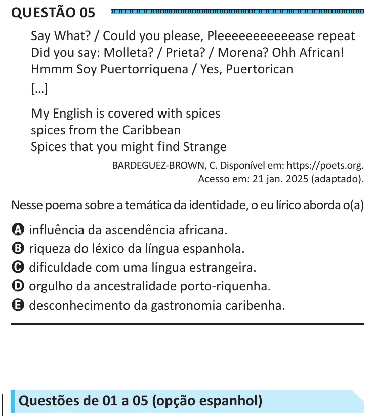 Questão 5 do ENEM 2025, segunda aplicação, como saiu no caderno de prova