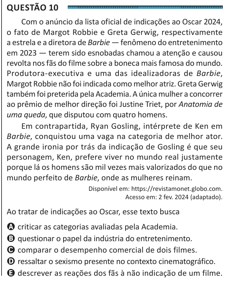 Questão 10 do ENEM 2025, segunda aplicação, como saiu no caderno de prova