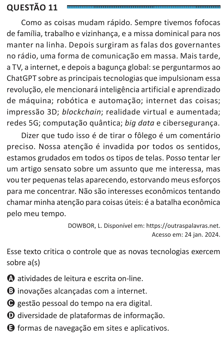 Questão 11 do ENEM 2025, segunda aplicação, como saiu no caderno de prova