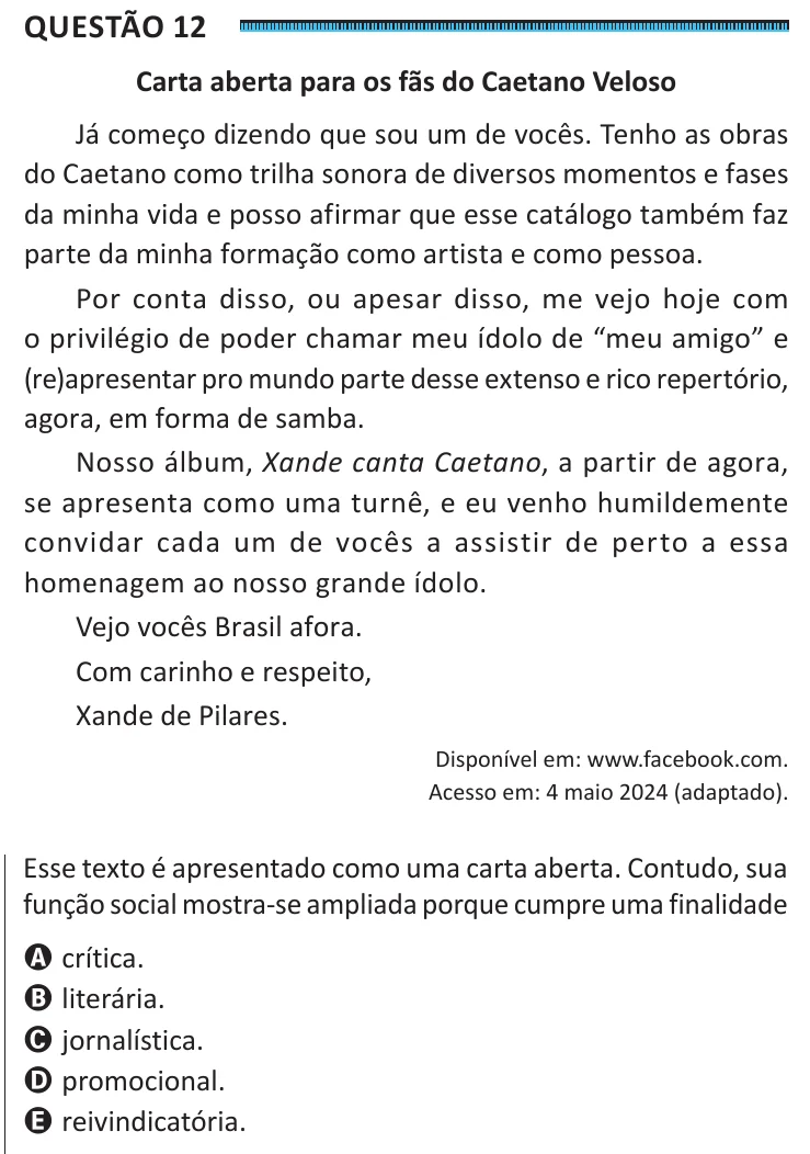 Questão 12 do ENEM 2025, segunda aplicação, como saiu no caderno de prova