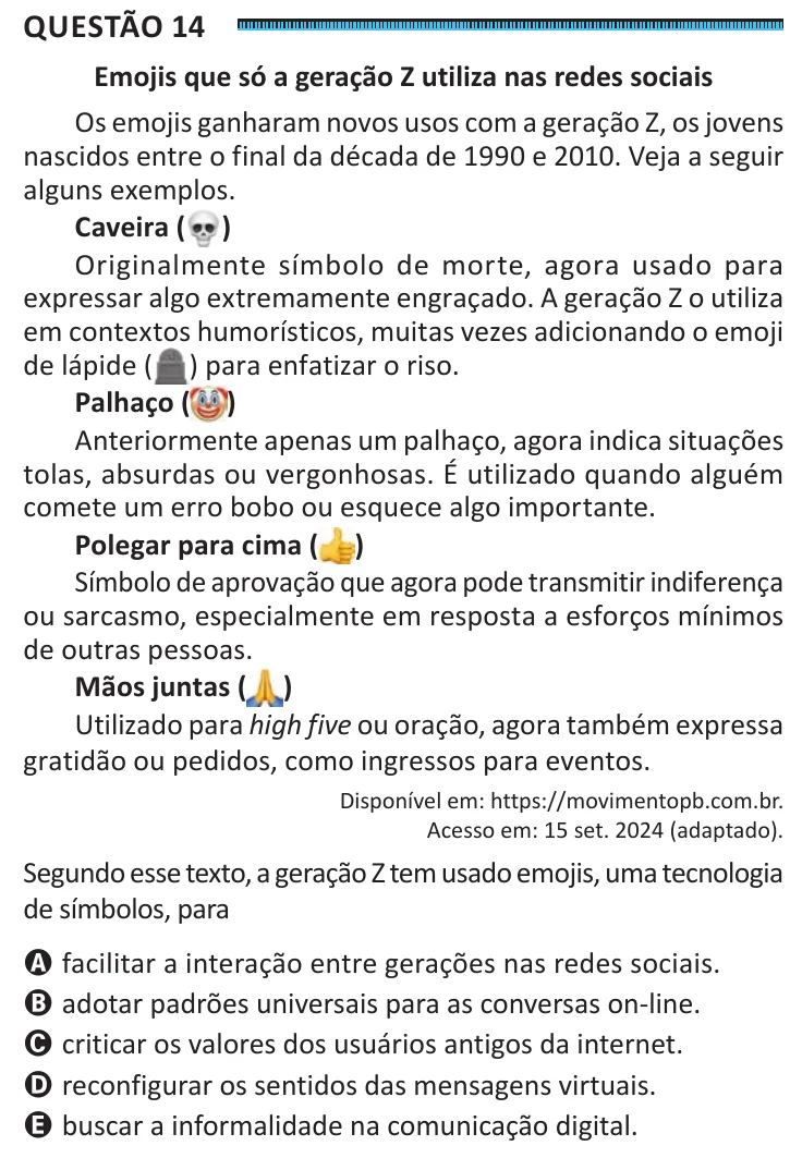 Questão 14 do ENEM 2025, segunda aplicação, como saiu no caderno de prova