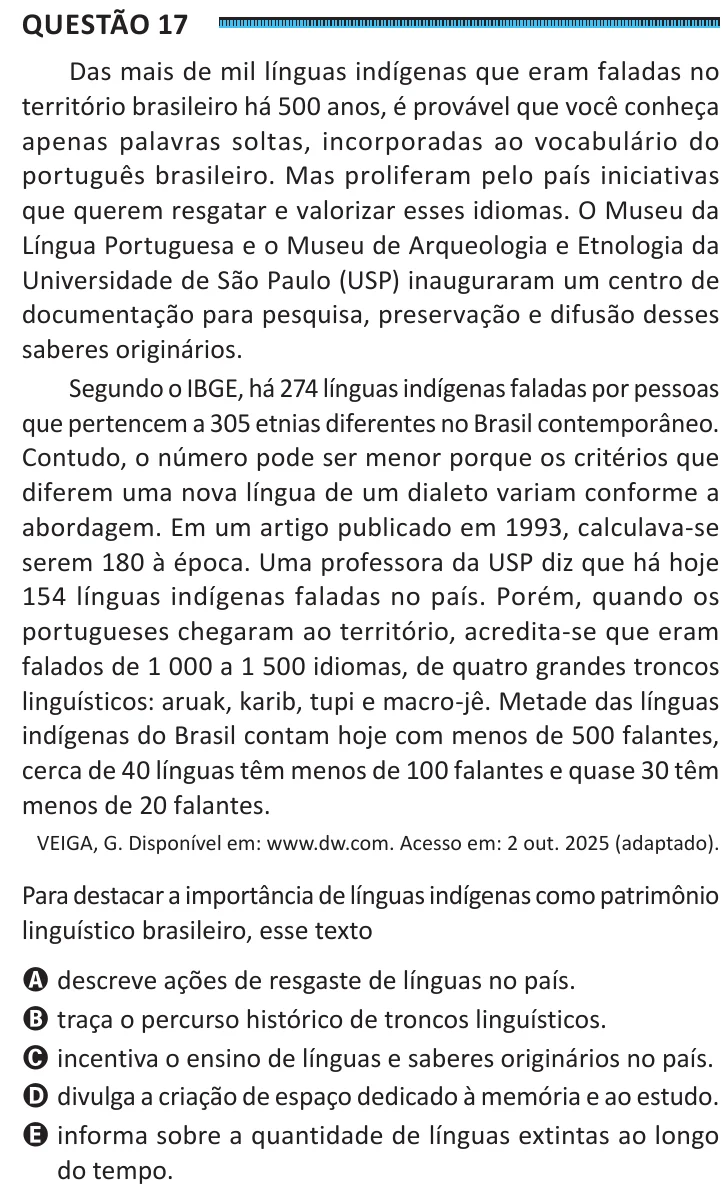 Questão 17 do ENEM 2025, segunda aplicação, como saiu no caderno de prova