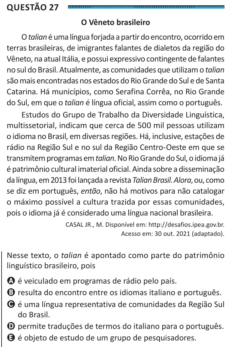 Questão 27 do ENEM 2025, segunda aplicação, como saiu no caderno de prova