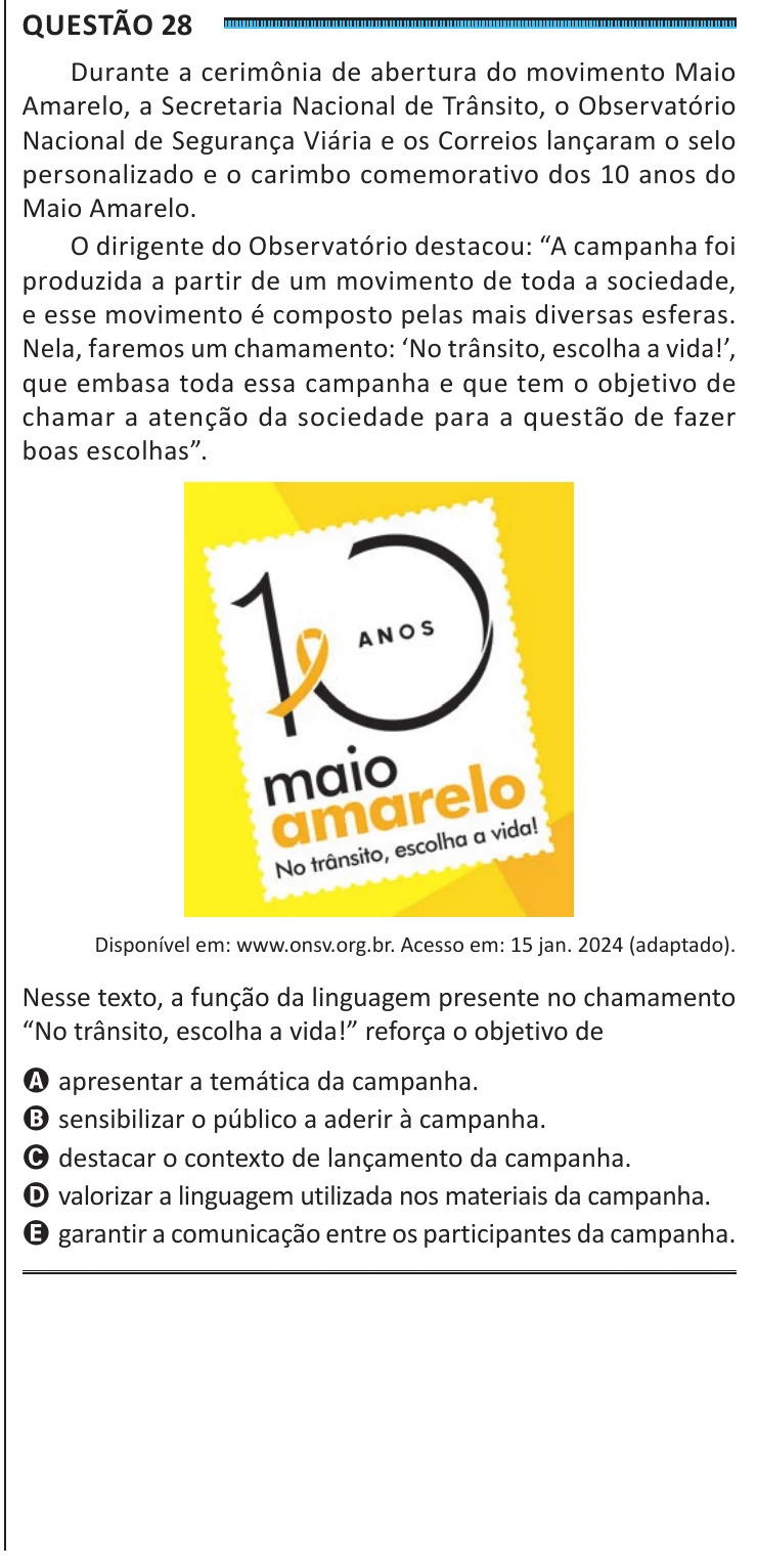 Questão 28 do ENEM 2025, segunda aplicação, como saiu no caderno de prova
