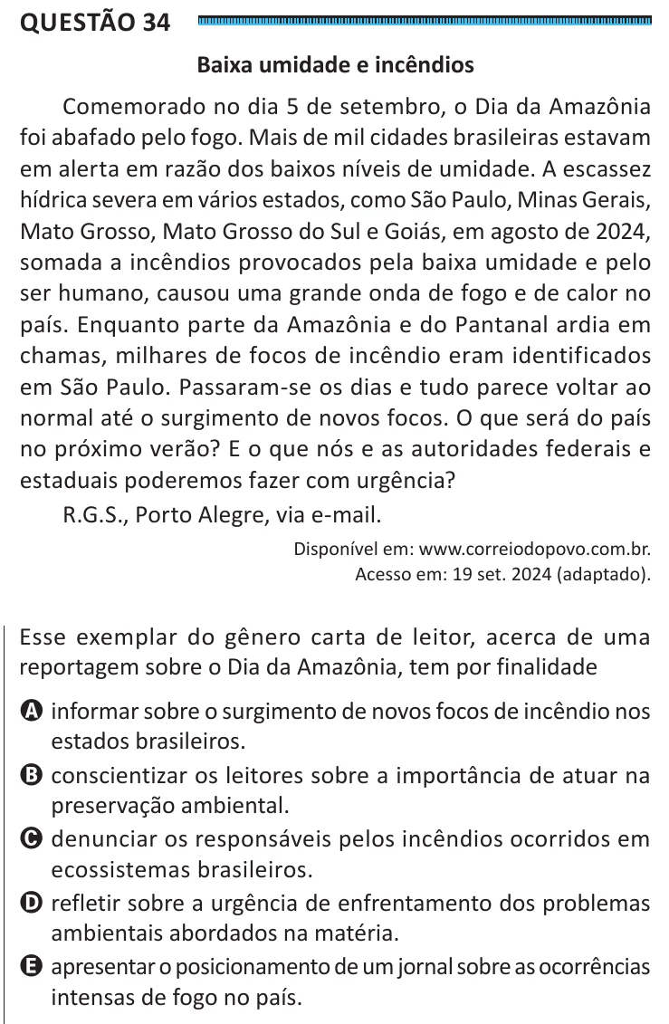 Questão 34 do ENEM 2025, segunda aplicação, como saiu no caderno de prova