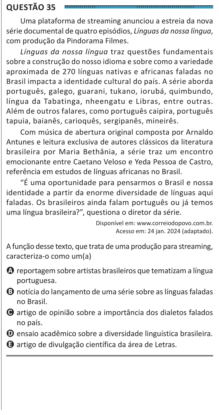 Questão 35 do ENEM 2025, segunda aplicação, como saiu no caderno de prova