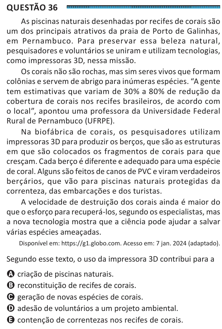 Questão 36 do ENEM 2025, segunda aplicação, como saiu no caderno de prova