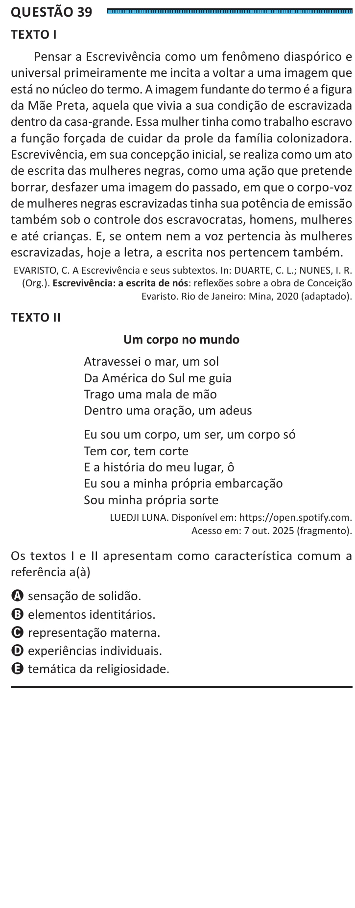 Questão 39 do ENEM 2025, segunda aplicação, como saiu no caderno de prova
