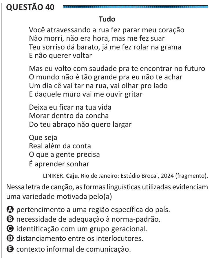 Questão 40 do ENEM 2025, segunda aplicação, como saiu no caderno de prova