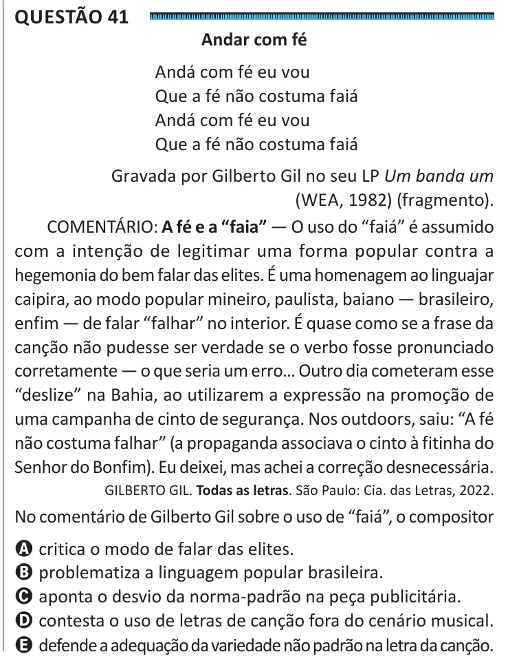Questão 41 do ENEM 2025, segunda aplicação, como saiu no caderno de prova