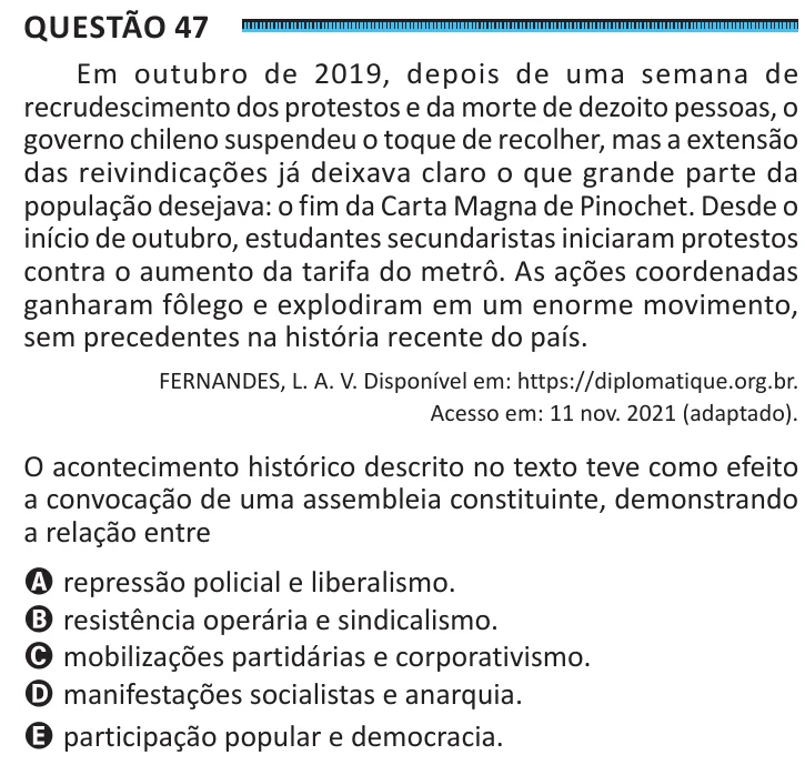 Questão 47 do ENEM 2025, segunda aplicação, como saiu no caderno de prova
