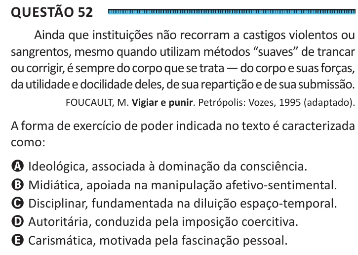 Questão 52 do ENEM 2025, segunda aplicação, como saiu no caderno de prova