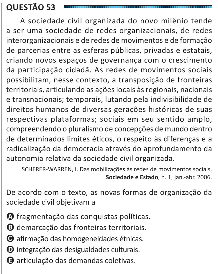 Questão 53 do ENEM 2025, segunda aplicação, como saiu no caderno de prova