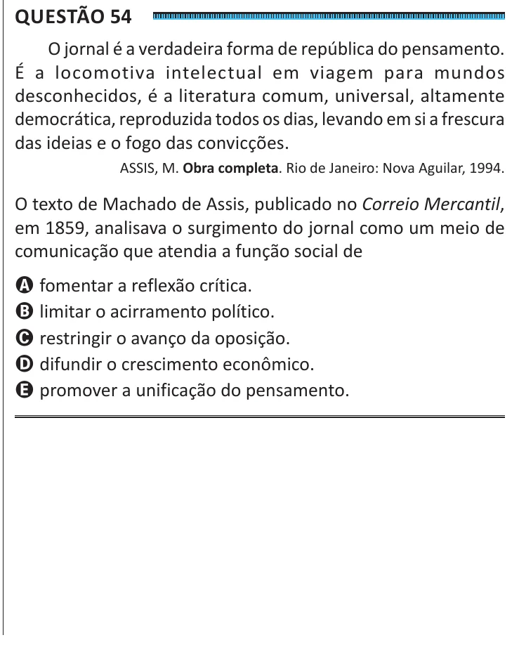 Questão 54 do ENEM 2025, segunda aplicação, como saiu no caderno de prova