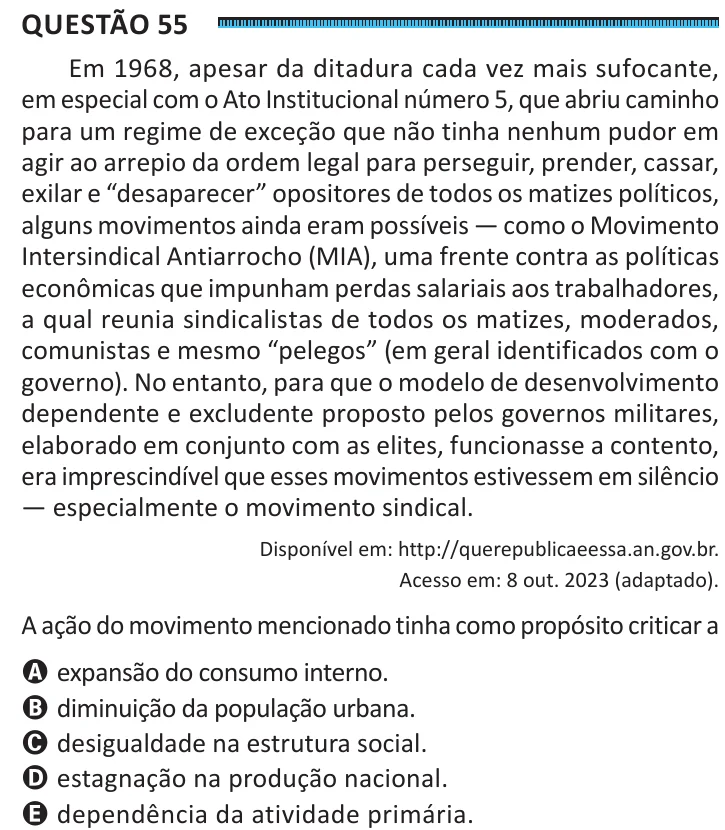 Questão 55 do ENEM 2025, segunda aplicação, como saiu no caderno de prova