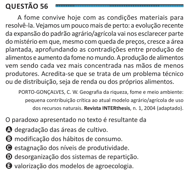 Questão 56 do ENEM 2025, segunda aplicação, como saiu no caderno de prova