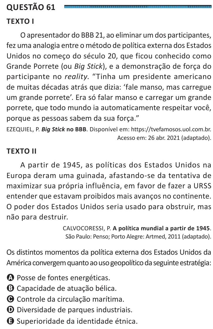 Questão 61 do ENEM 2025, segunda aplicação, como saiu no caderno de prova