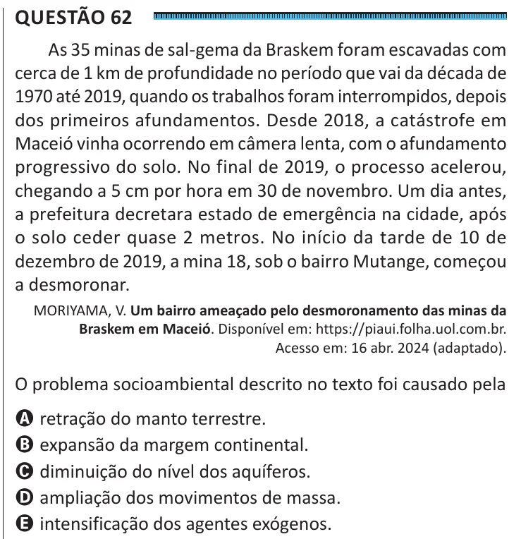 Questão 62 do ENEM 2025, segunda aplicação, como saiu no caderno de prova
