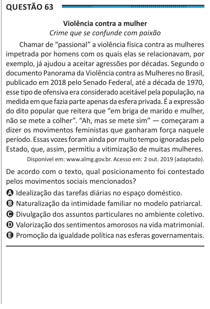 Questão 63 do ENEM 2025, segunda aplicação, como saiu no caderno de prova