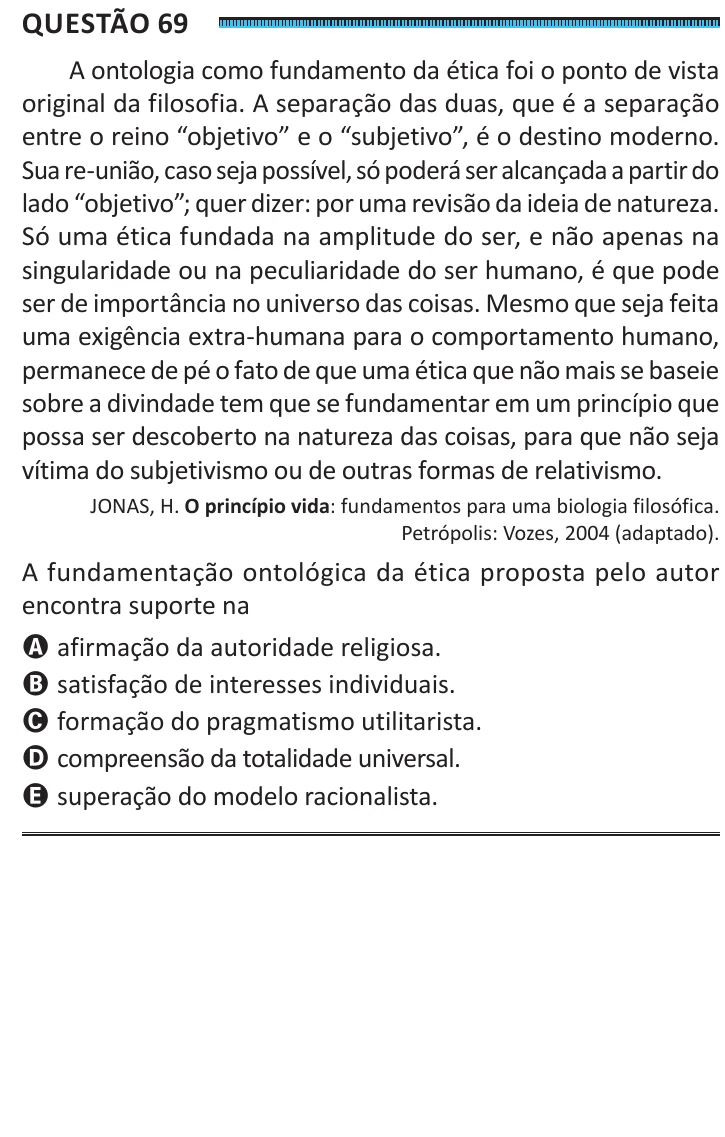 Questão 69 do ENEM 2025, segunda aplicação, como saiu no caderno de prova