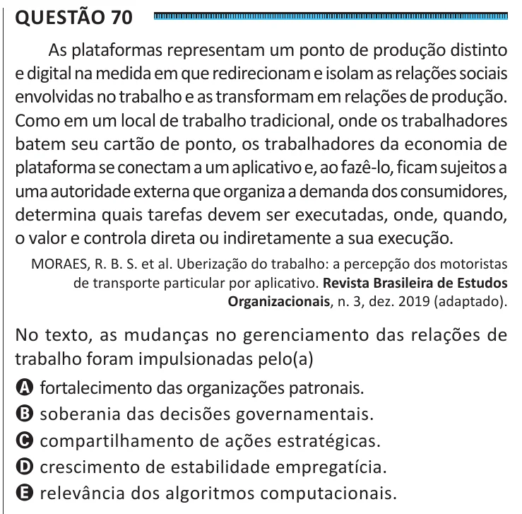 Questão 70 do ENEM 2025, segunda aplicação, como saiu no caderno de prova