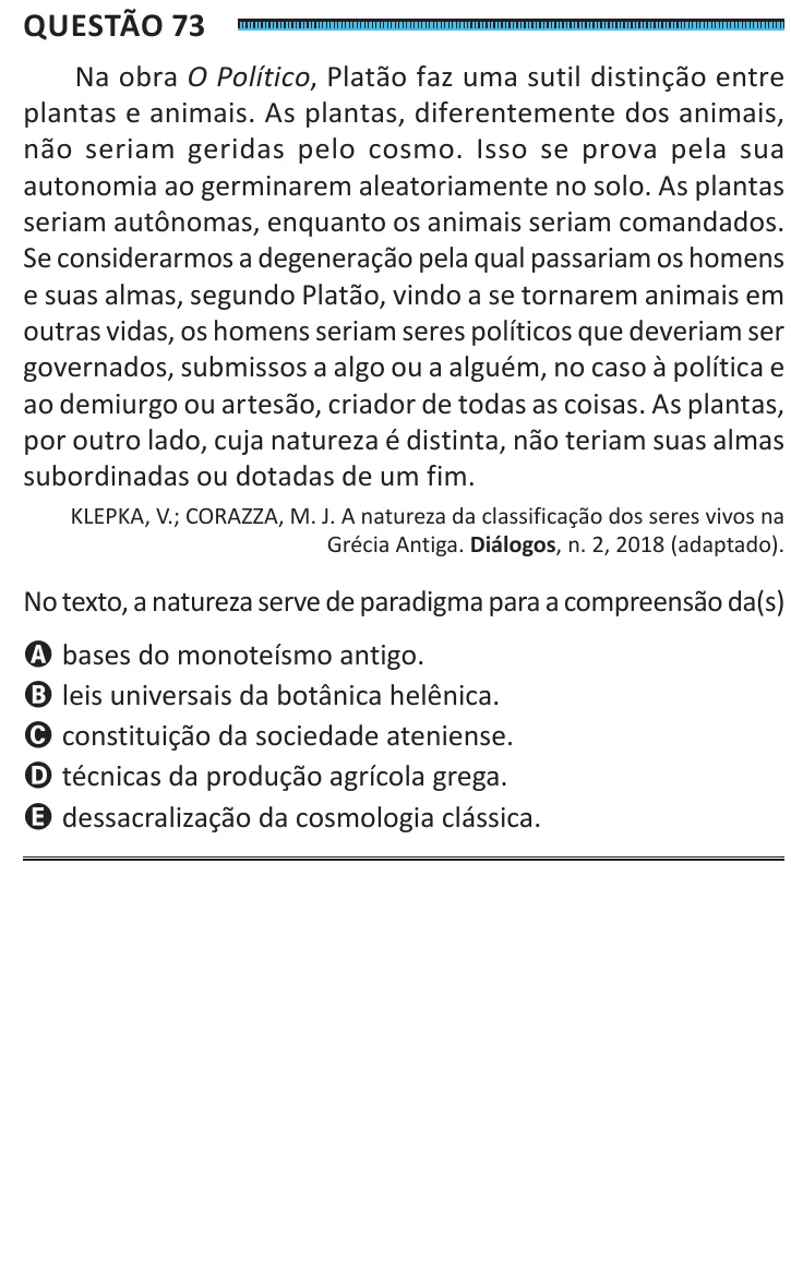 Questão 73 do ENEM 2025, segunda aplicação, como saiu no caderno de prova
