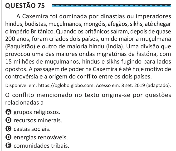 Questão 75 do ENEM 2025, segunda aplicação, como saiu no caderno de prova