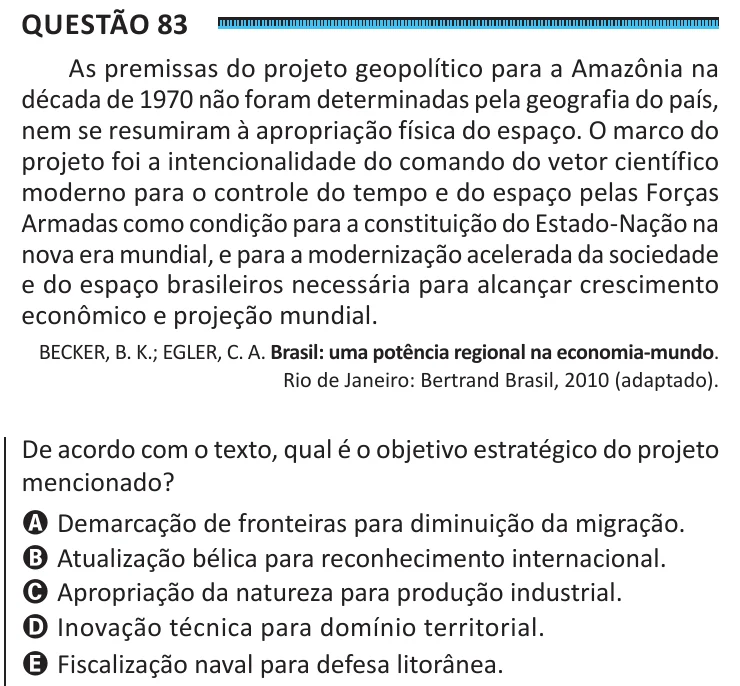 Questão 83 do ENEM 2025, segunda aplicação, como saiu no caderno de prova