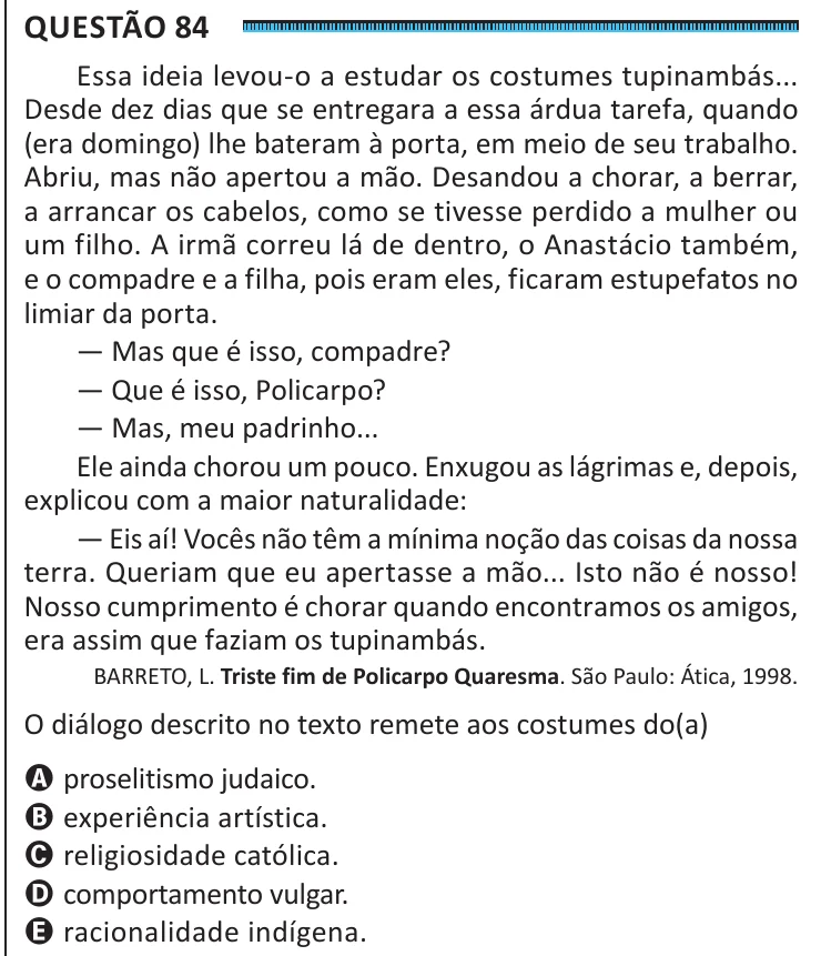 Questão 84 do ENEM 2025, segunda aplicação, como saiu no caderno de prova