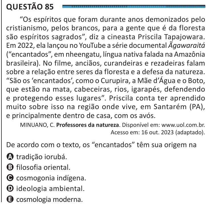 Questão 85 do ENEM 2025, segunda aplicação, como saiu no caderno de prova