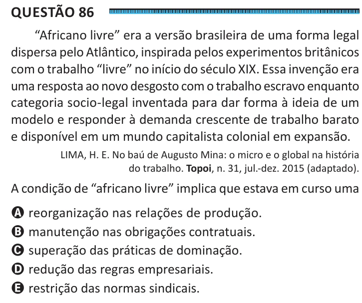 Questão 86 do ENEM 2025, segunda aplicação, como saiu no caderno de prova