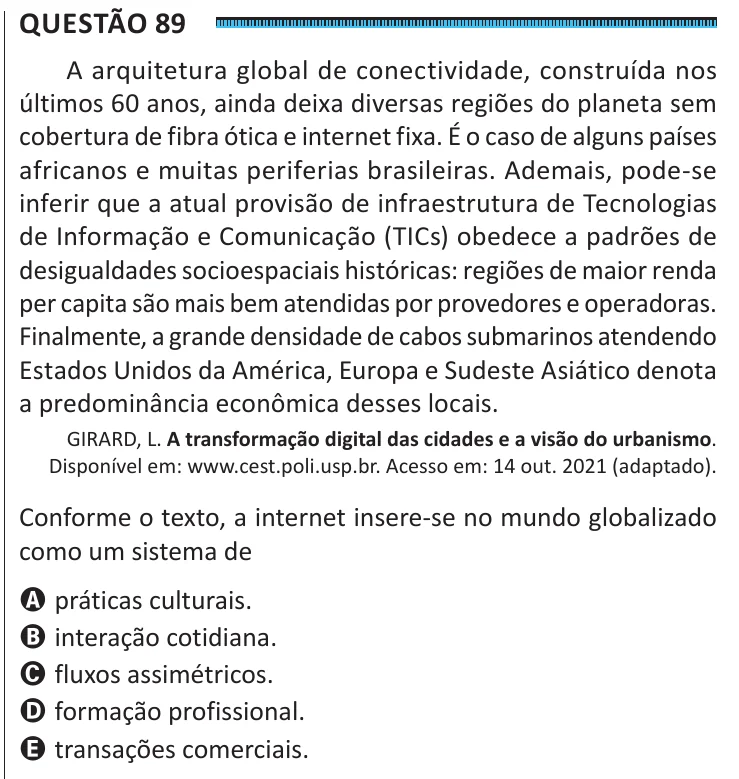 Questão 89 do ENEM 2025, segunda aplicação, como saiu no caderno de prova